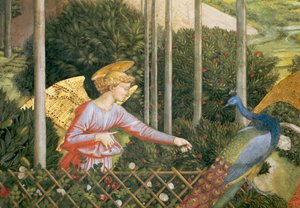 Engel fodrer en påfugl, detalje fra Magi-cyklussen i kapellet, ca. 1460 freskodetalje af 70610 af Benozzo di Lese di Sandro Gozzoli